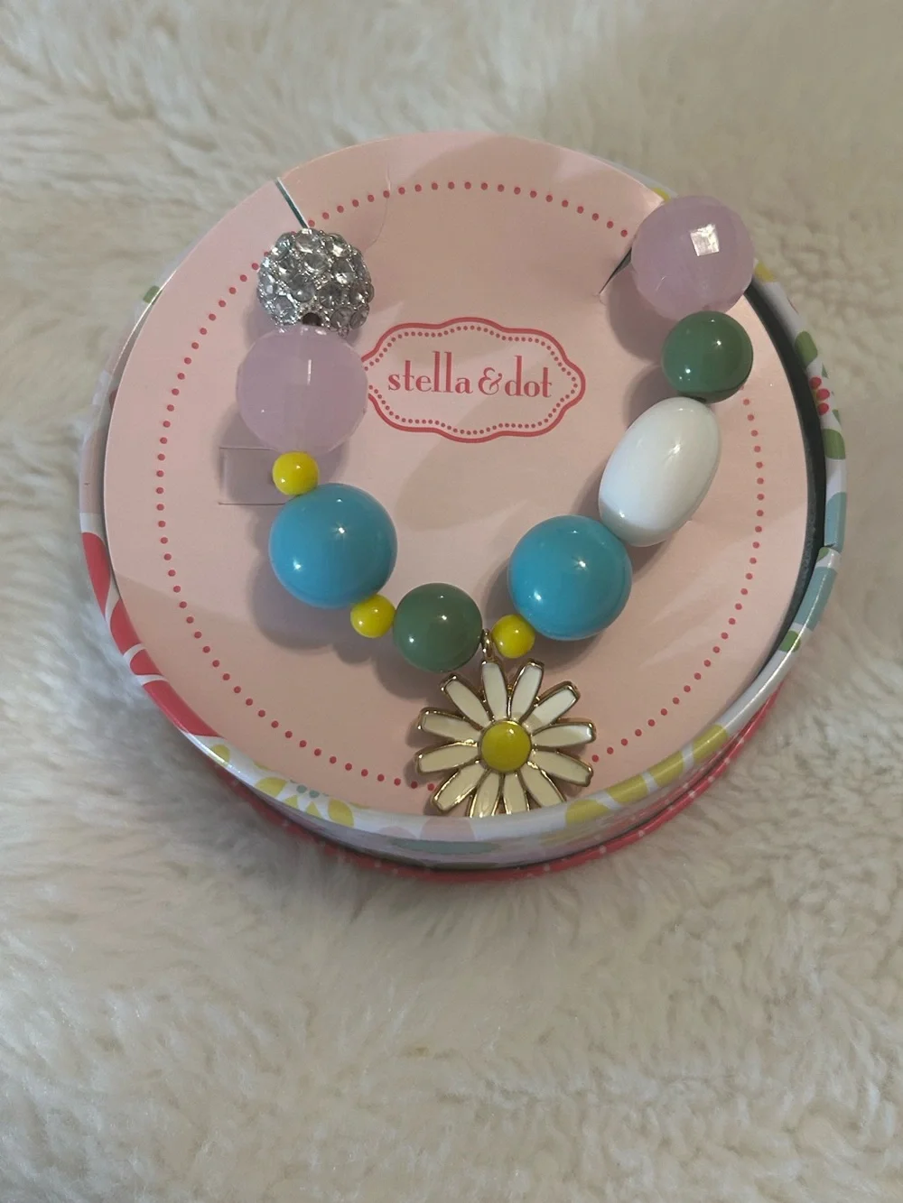 Stella & Dot Turquoise Ribbon Daisy Bead Child's Necklace with Multicolor Beads